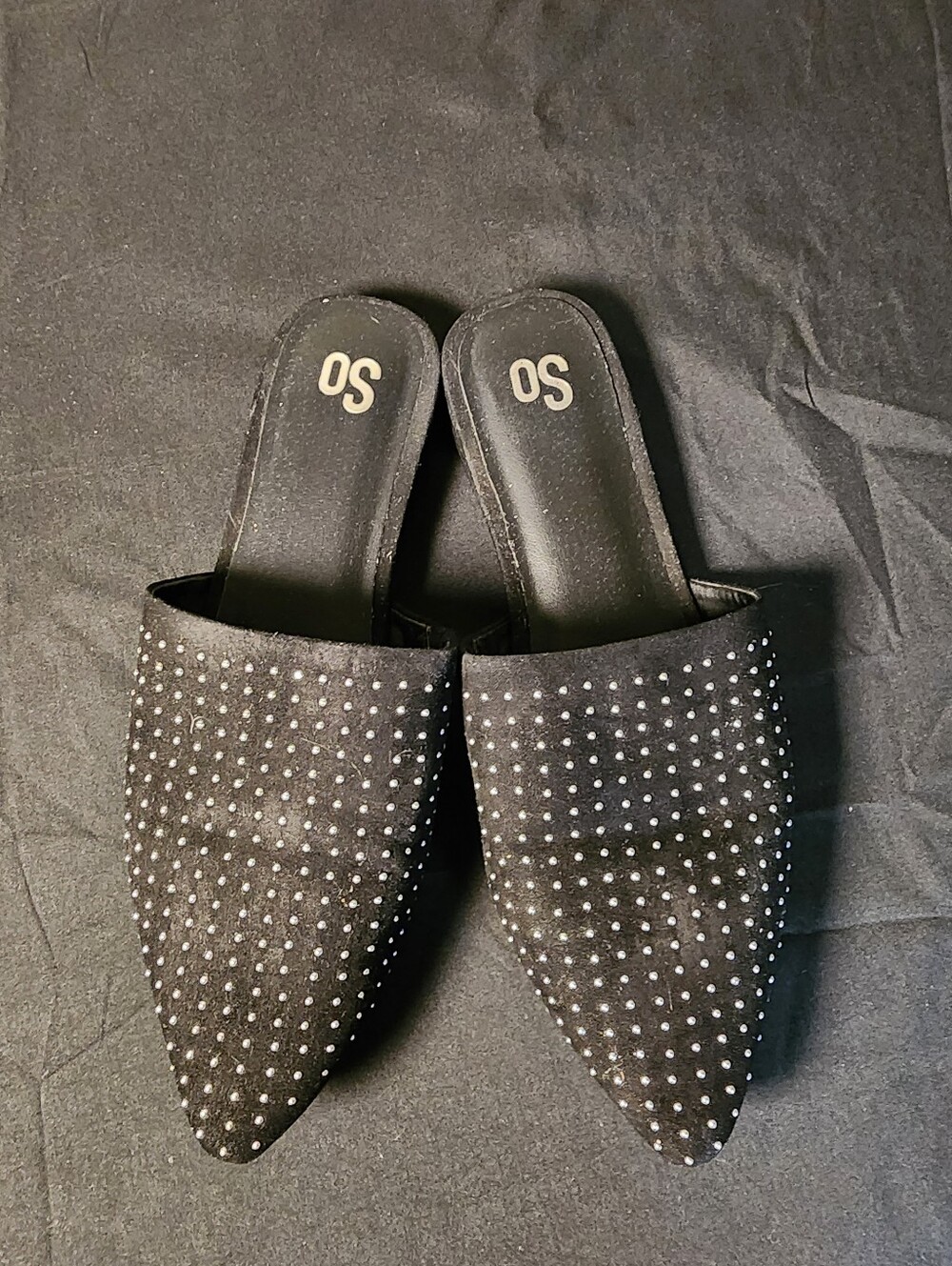 SO Black Pointed Slip-On Mules with Silver Studs
